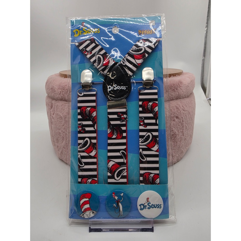 Spirit Halloween Dr. Seuss Suspenders and Pin Set Black and Red Halloween - Picture 1 of 12
